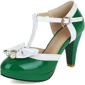 AIMODOR Womens Vintage Rockabilly T-Strap Mary Jane Shoes Heels Patent Platform Pumps with Bow