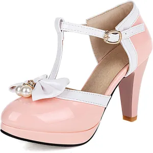 AIMODOR Womens Vintage Rockabilly T-Strap Mary Jane Shoes Heels Patent Platform Pumps with Bow