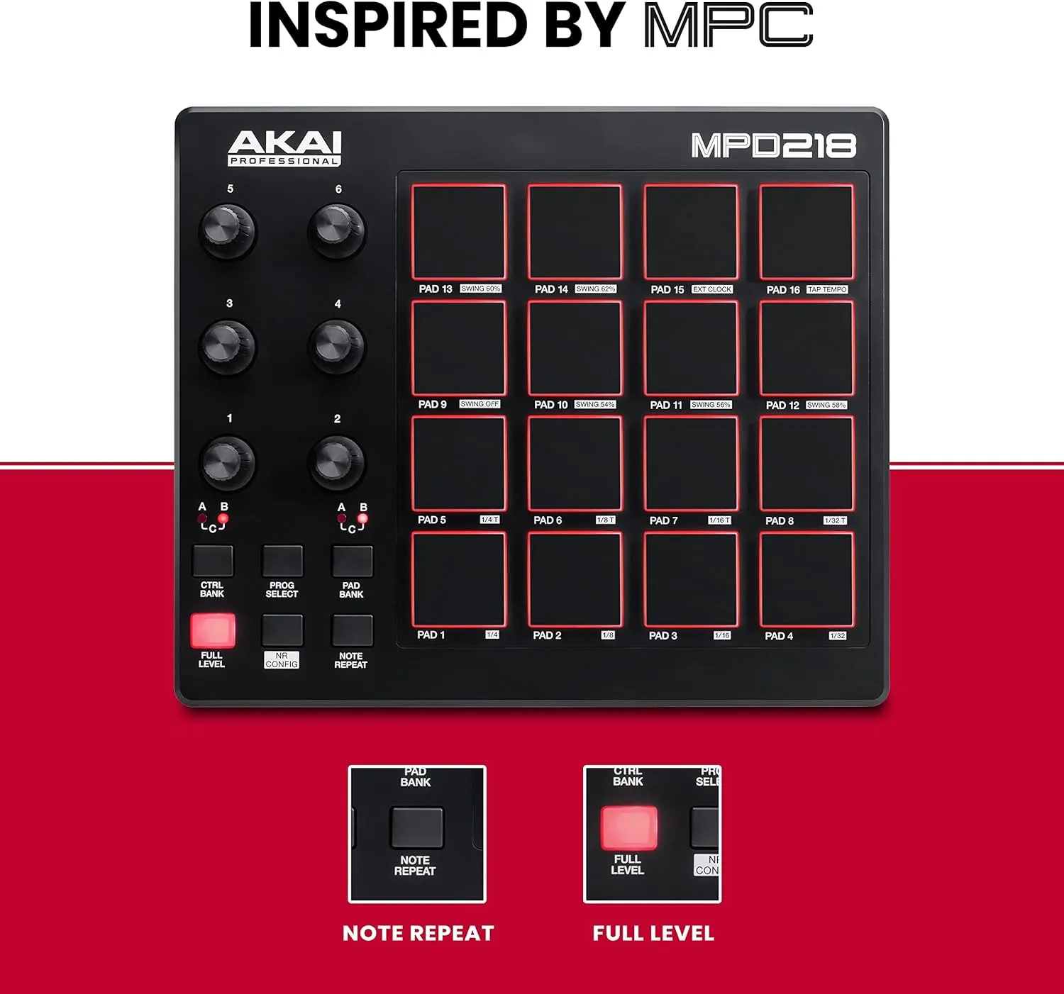 AKAI Professional MPD218 - USB MIDI Controller with 16 MPC Drum Pads, 6 Assignable Knobs, Note Repeat & Full Level Buttons and Production Software