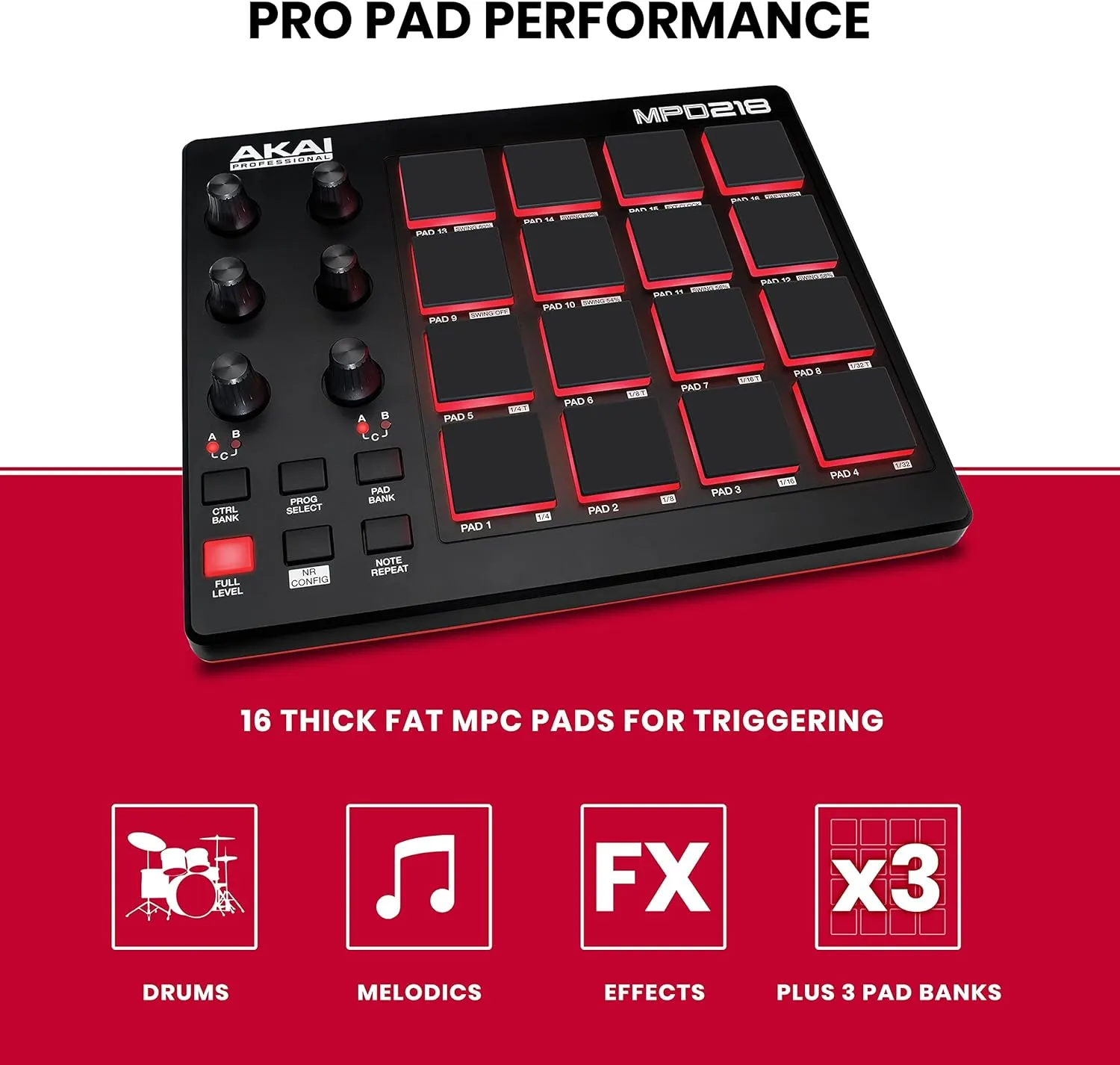 AKAI Professional MPD218 - USB MIDI Controller with 16 MPC Drum Pads, 6 Assignable Knobs, Note Repeat & Full Level Buttons and Production Software