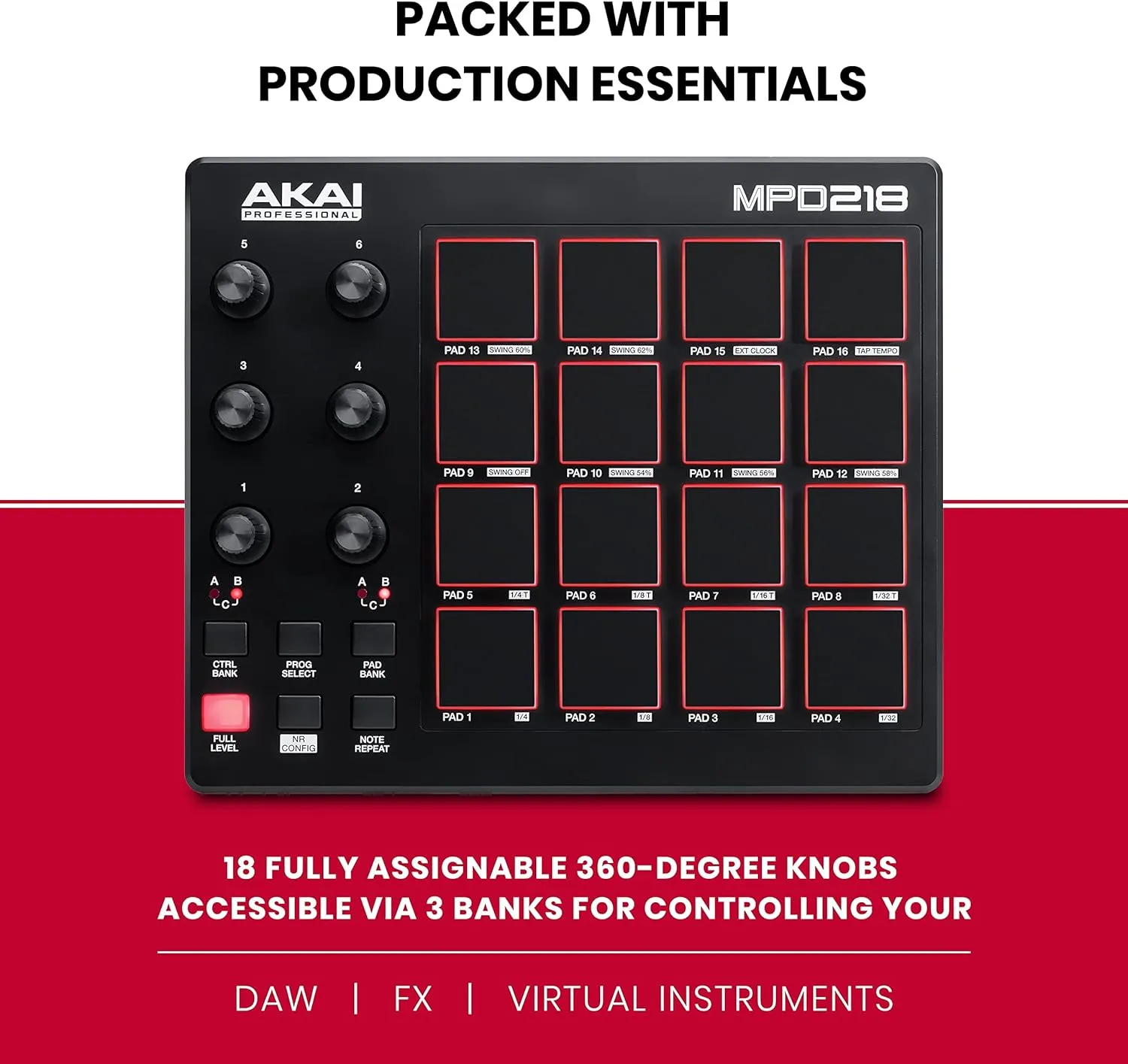 AKAI Professional MPD218 - USB MIDI Controller with 16 MPC Drum Pads, 6 Assignable Knobs, Note Repeat & Full Level Buttons and Production Software