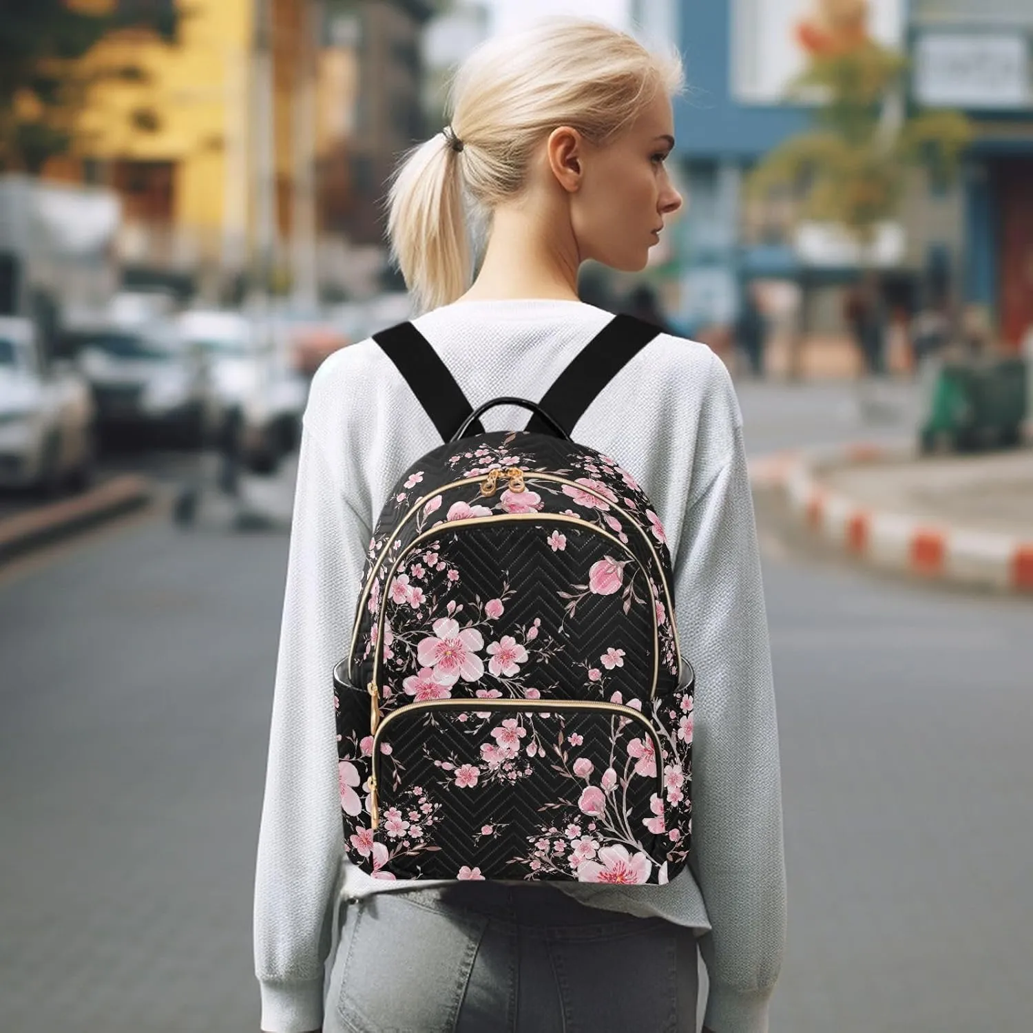 ALAZA Cherry Blossom Sakura Floral Small Backpack Purse for Women Travel Bag Fashion Daypack Back Pack Shoulder Bag