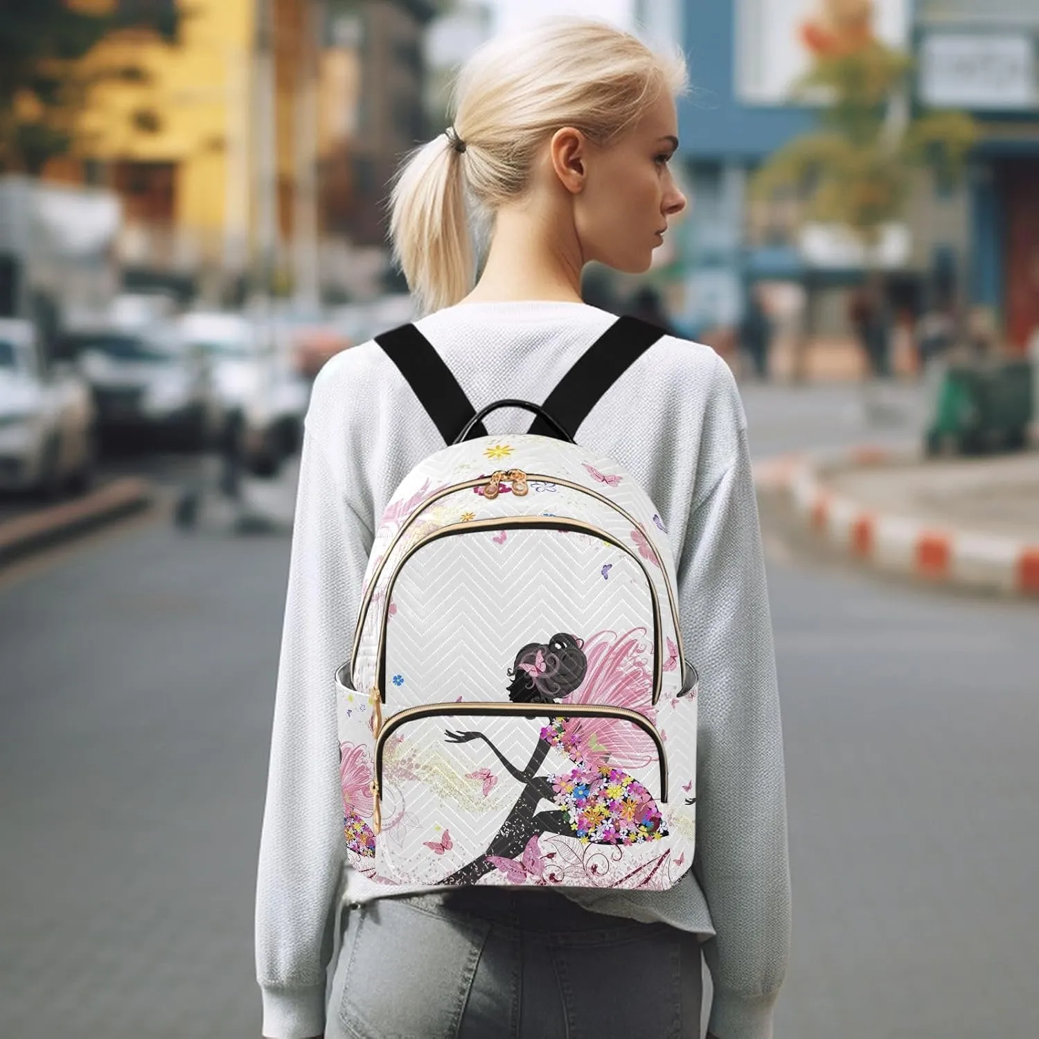 ALAZA Flower Fairy Pink Butterflies Small Backpack Purse for Women Travel Bag Fashion Daypack Back Pack Shoulder Bag