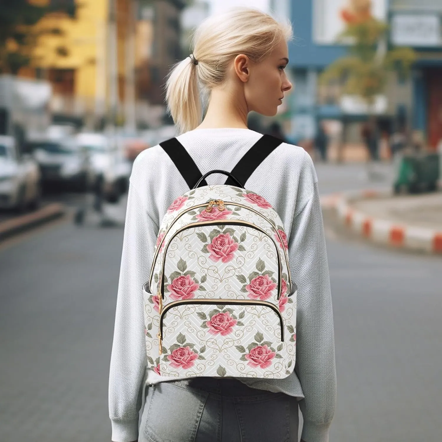 ALAZA Pink Rose Flower Floral Curly Design Small Backpack Purse for Women Travel Bag Fashion Daypack Back Pack Shoulder Bag