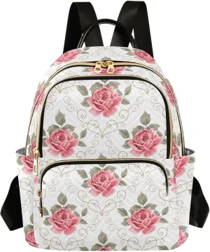 ALAZA Pink Rose Flower Floral Curly Design Small Backpack Purse for Women Travel Bag Fashion Daypack Back Pack Shoulder Bag