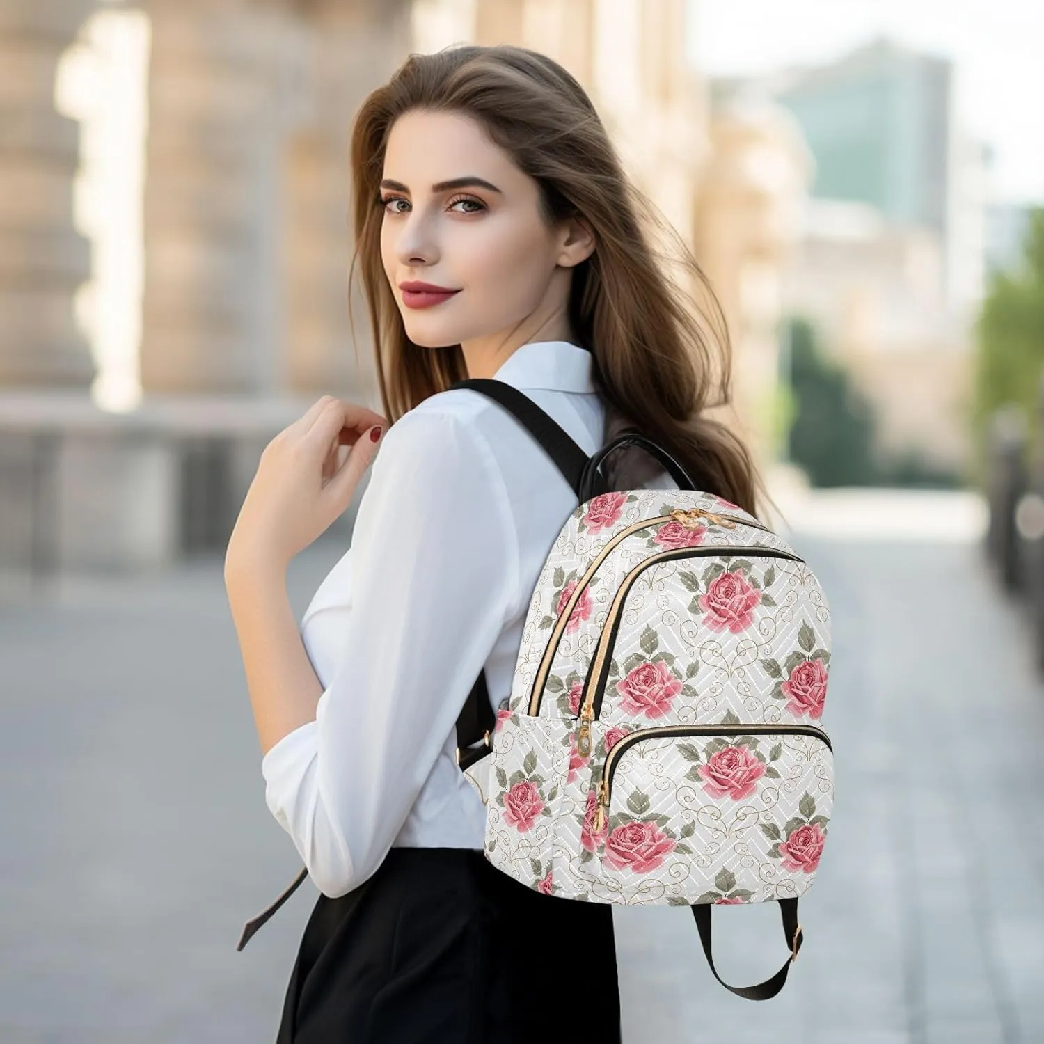 ALAZA Pink Rose Flower Floral Curly Design Small Backpack Purse for Women Travel Bag Fashion Daypack Back Pack Shoulder Bag