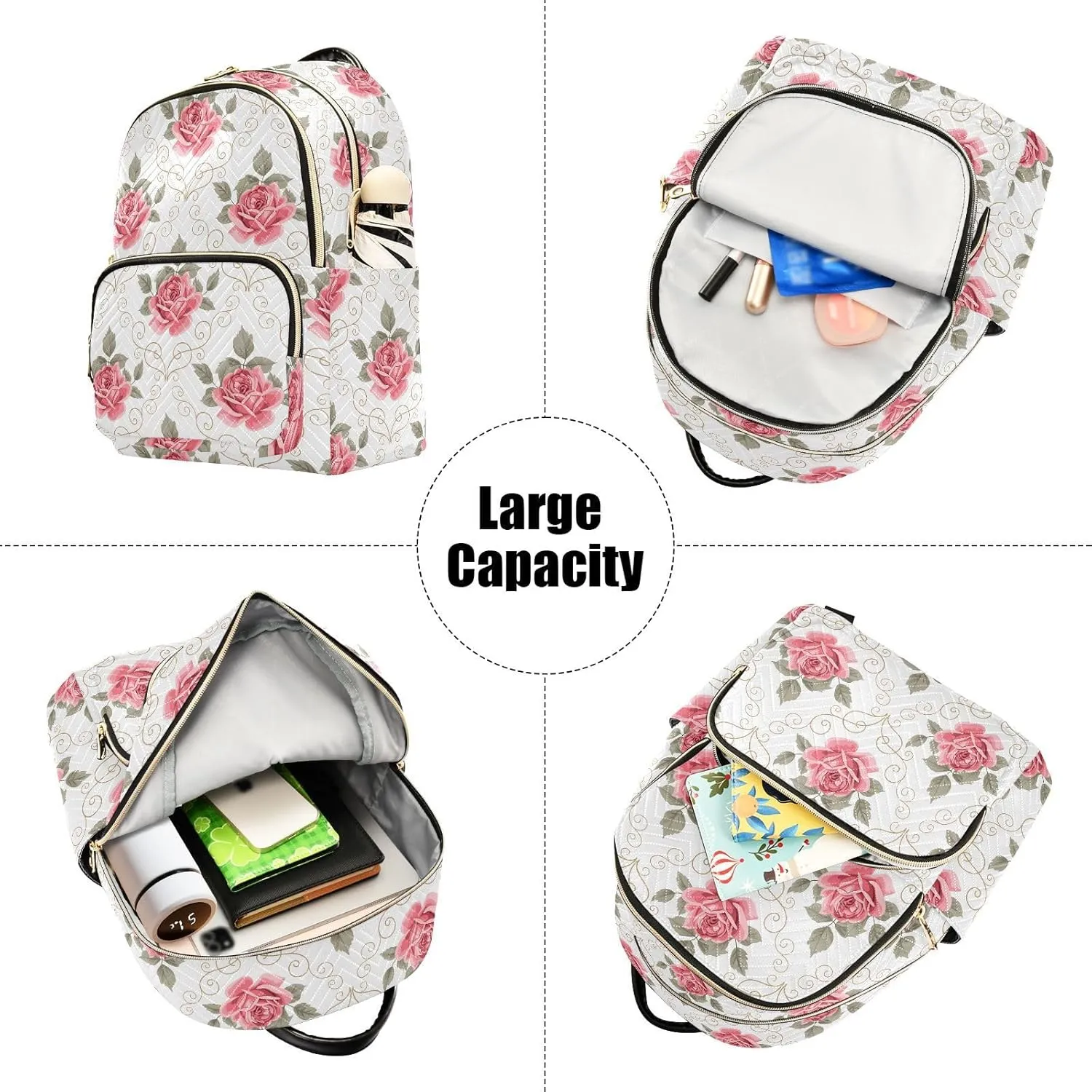 ALAZA Pink Rose Flower Floral Curly Design Small Backpack Purse for Women Travel Bag Fashion Daypack Back Pack Shoulder Bag