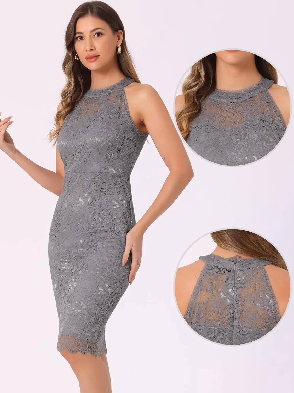 Allegra K Halter Formal Dress for Women's Sleeveless Bodycon Wedding Guest Cocktail Lace Sheath Dress