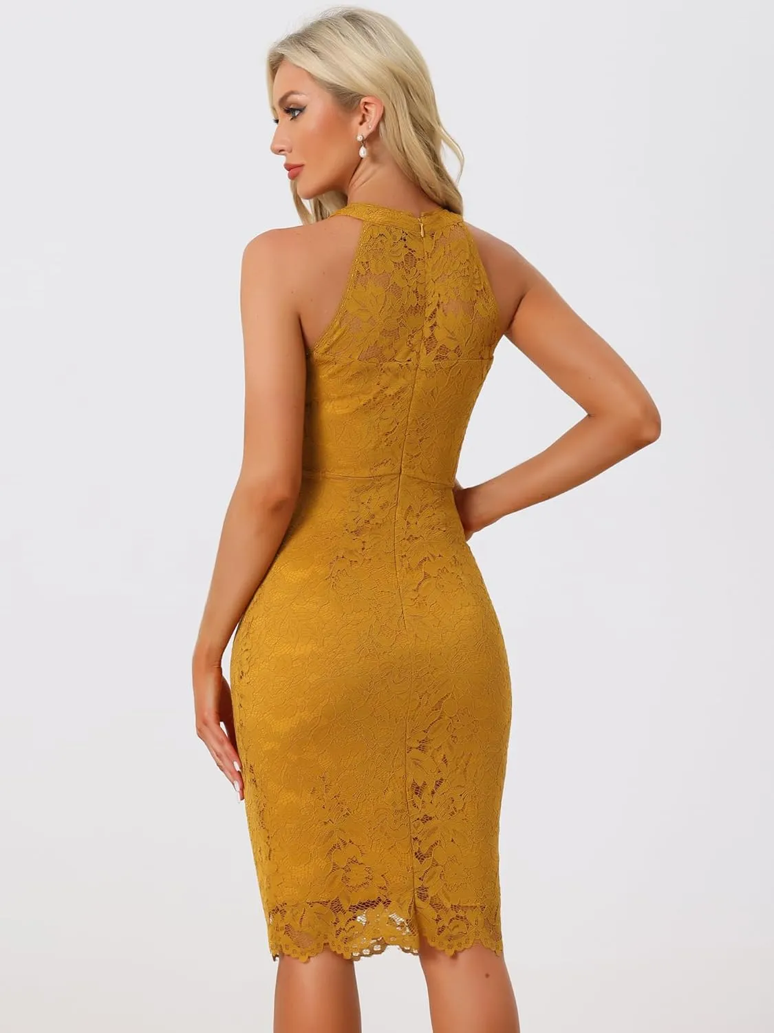 Allegra K Halter Formal Dress for Women's Sleeveless Bodycon Wedding Guest Cocktail Lace Sheath Dress
