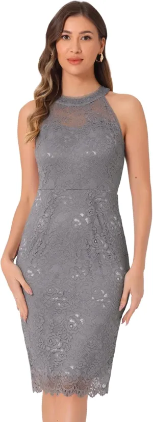 Allegra K Halter Formal Dress for Women's Sleeveless Bodycon Wedding Guest Cocktail Lace Sheath Dress