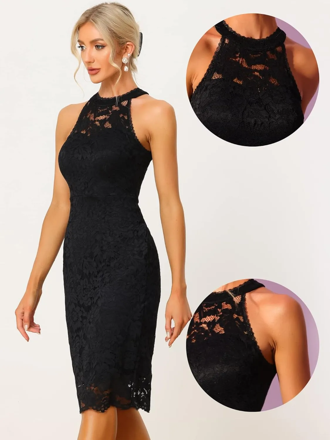 Allegra K Halter Formal Dress for Women's Sleeveless Bodycon Wedding Guest Cocktail Lace Sheath Dress