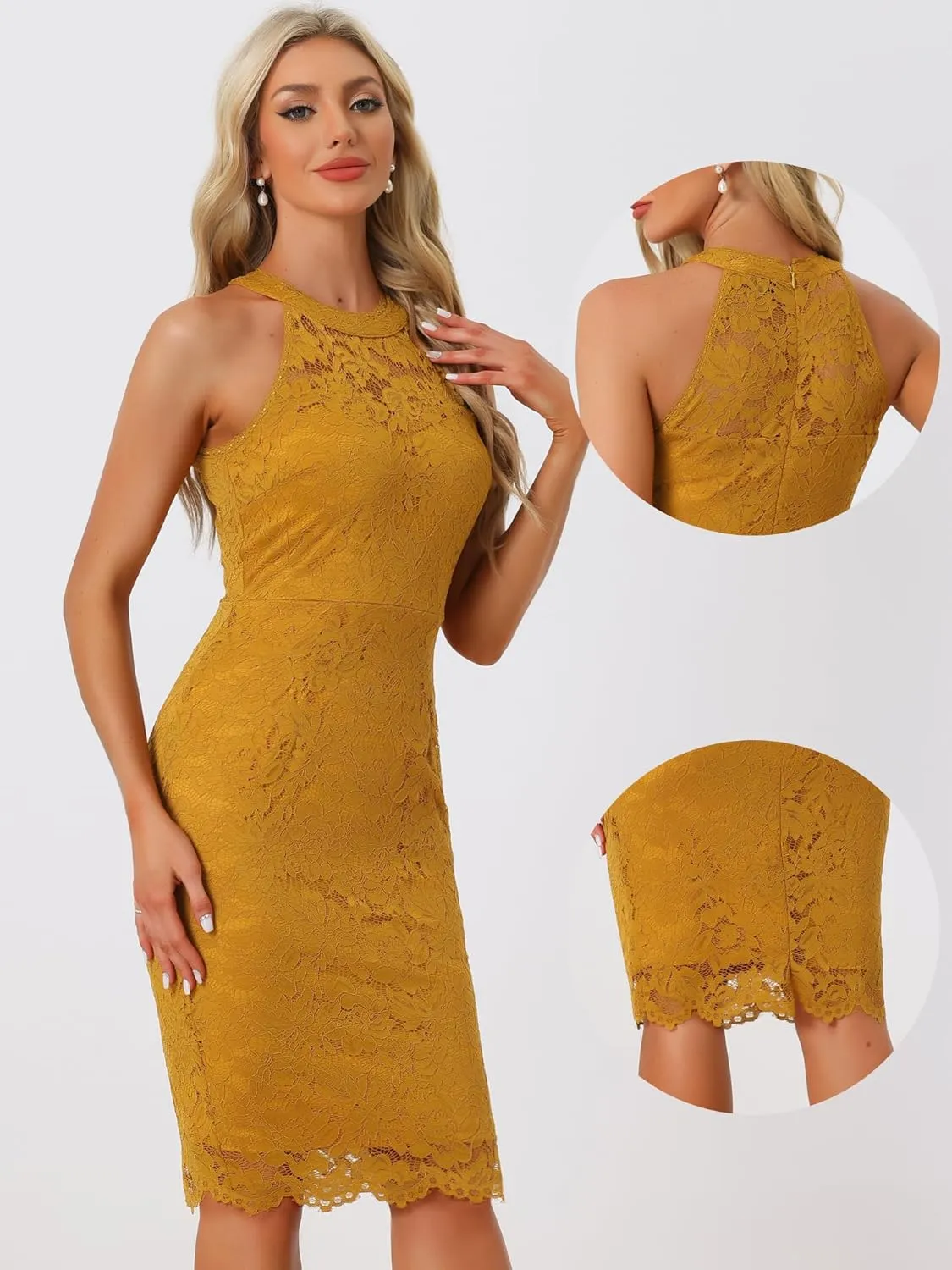 Allegra K Halter Formal Dress for Women's Sleeveless Bodycon Wedding Guest Cocktail Lace Sheath Dress