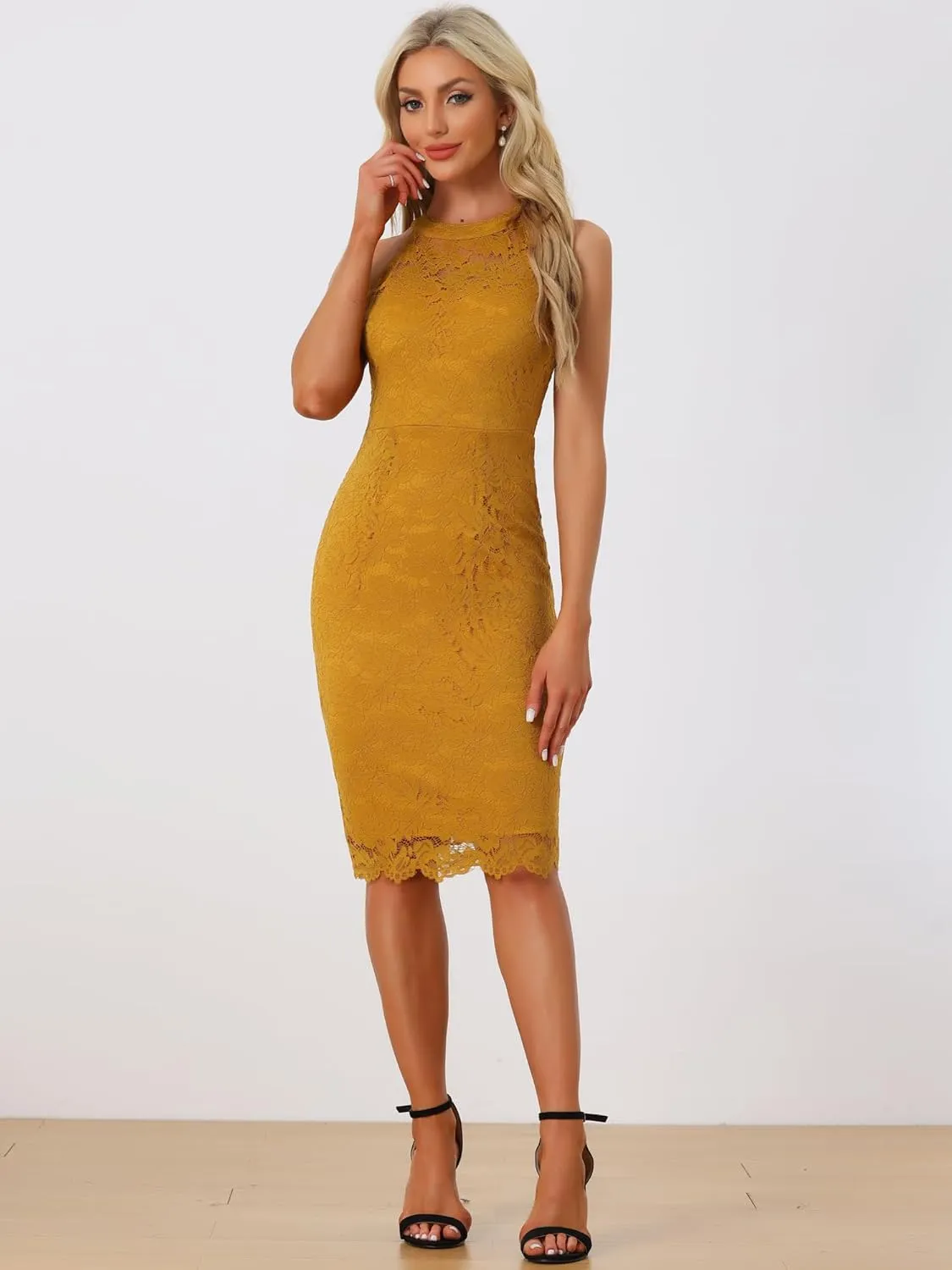Allegra K Halter Formal Dress for Women's Sleeveless Bodycon Wedding Guest Cocktail Lace Sheath Dress