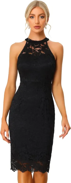 Allegra K Halter Formal Dress for Women's Sleeveless Bodycon Wedding Guest Cocktail Lace Sheath Dress