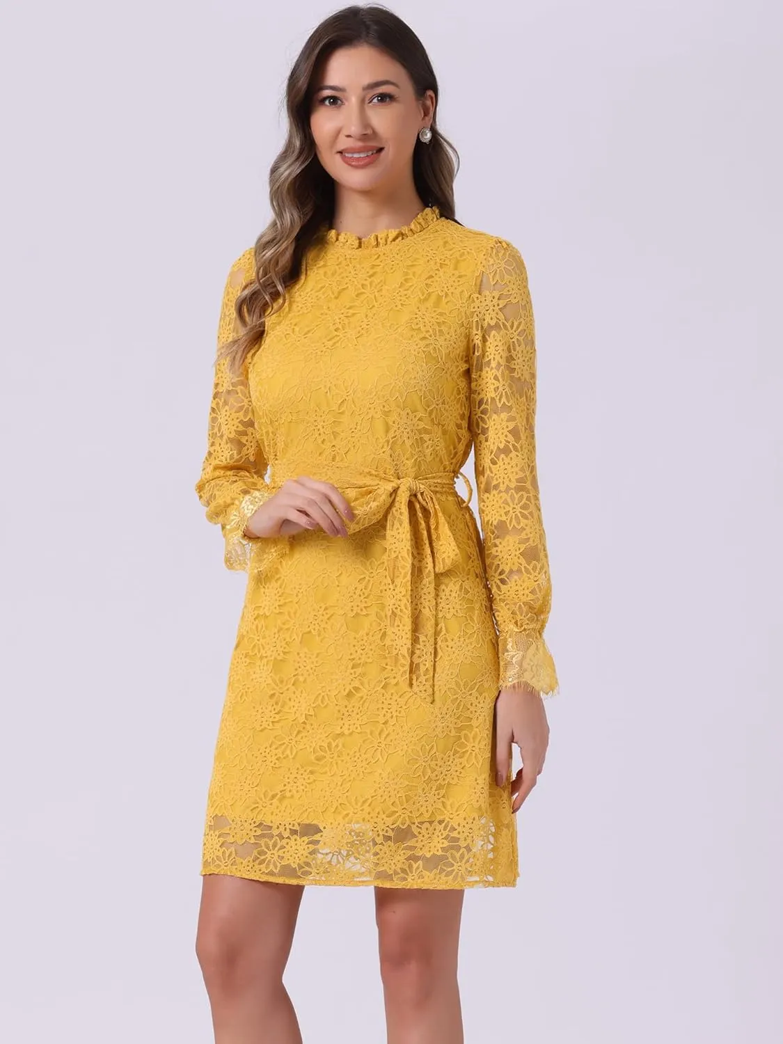 Allegra K Women's Cocktail Elegant Ruffle Crew Neck Floral Lace Shift Dress