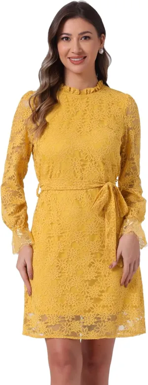 Allegra K Women's Cocktail Elegant Ruffle Crew Neck Floral Lace Shift Dress