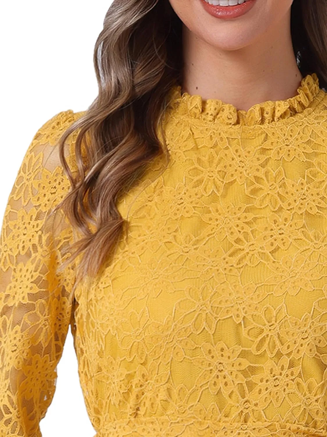 Allegra K Women's Cocktail Elegant Ruffle Crew Neck Floral Lace Shift Dress