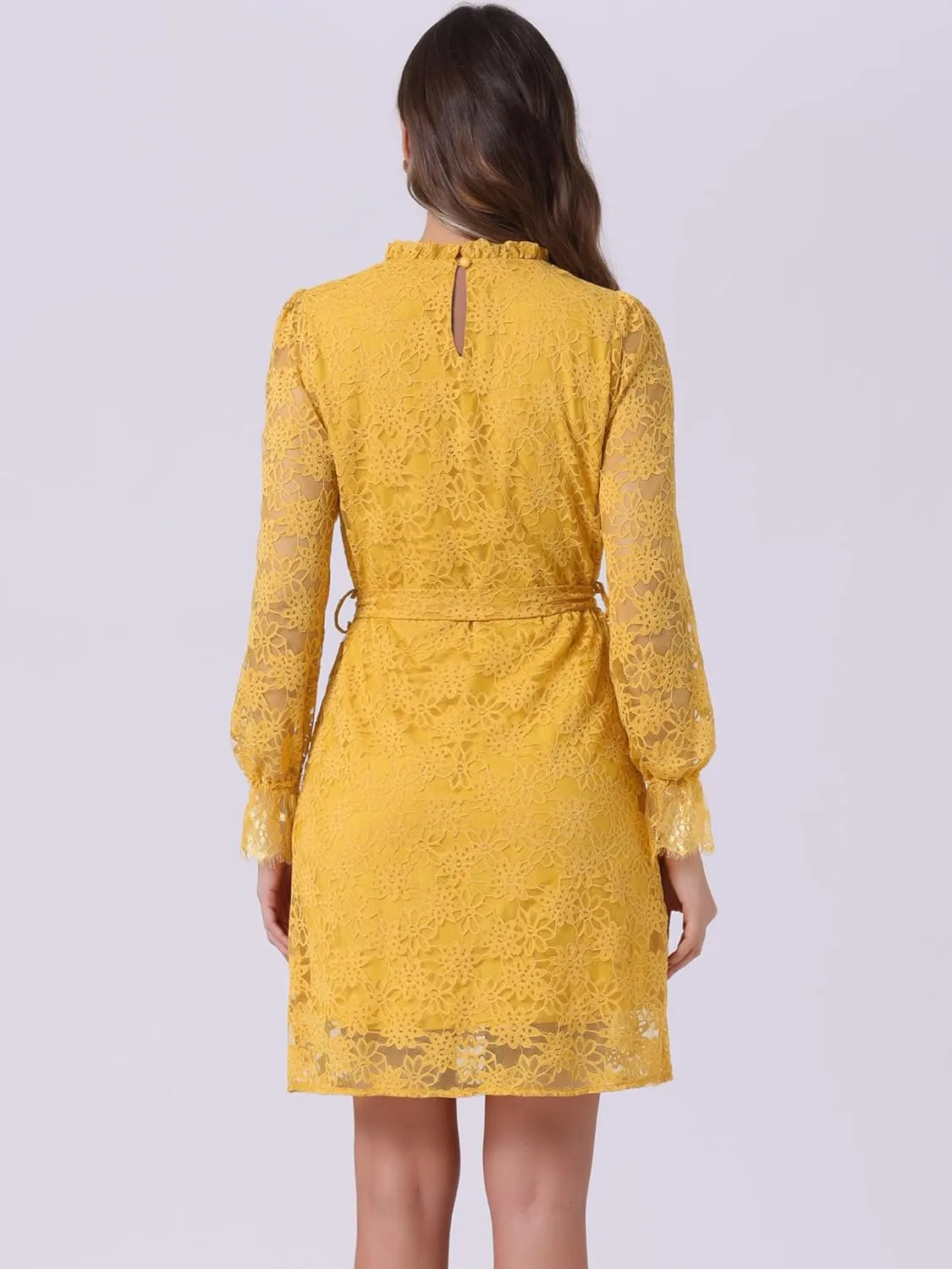 Allegra K Women's Cocktail Elegant Ruffle Crew Neck Floral Lace Shift Dress