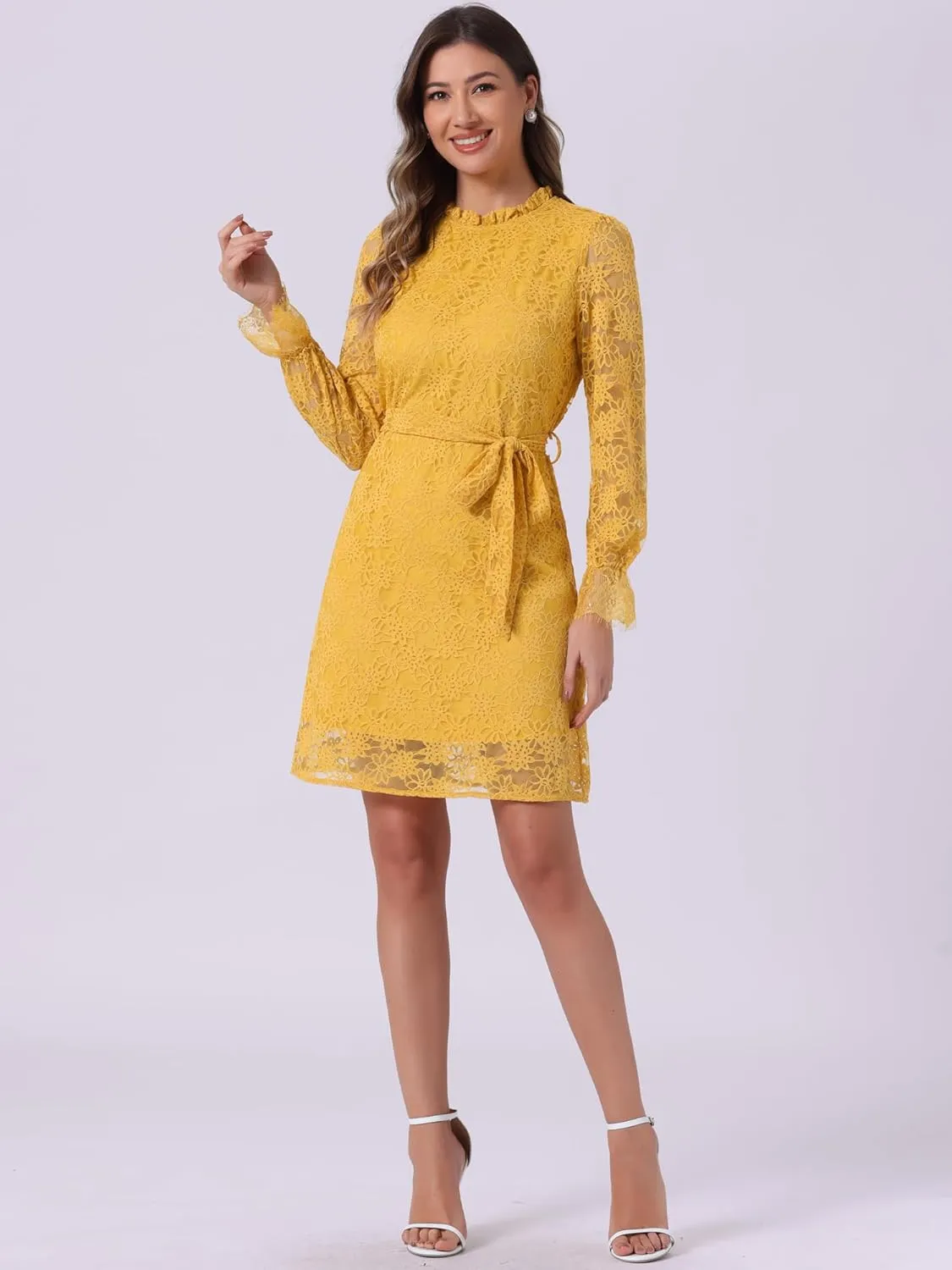 Allegra K Women's Cocktail Elegant Ruffle Crew Neck Floral Lace Shift Dress