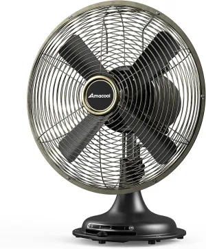 AMACOOL Oscillating Vintage Fan, All Metal 12" Retro Table Top Fan, Adjustable Head Tilt, Quiet 3 Speeds Plug-In Desk Fan for Bedroom Home Office & Kitchen