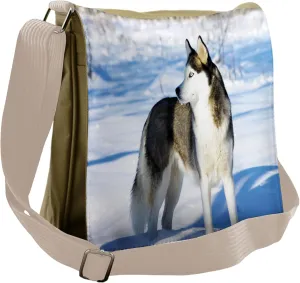 Ambesonne Alaskan Malamute Messenger Bag, Husky on Snow, Unisex Cross-body