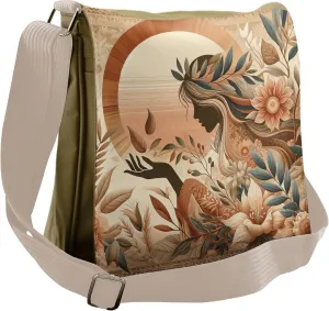 Ambesonne Boho Messenger Bag, Peachy Hues Nature Lady Botany, Unisex Cross-body