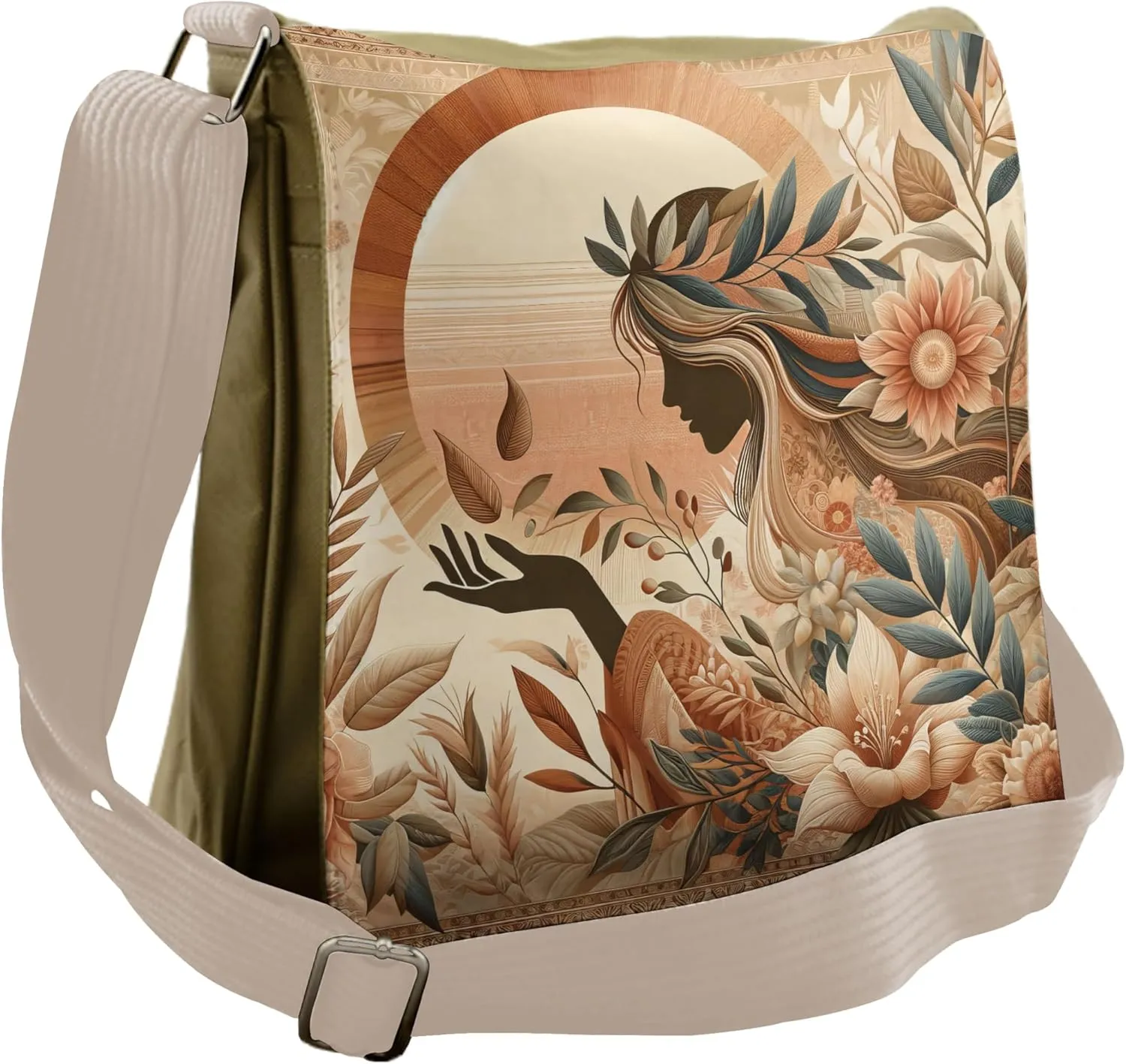 Ambesonne Boho Messenger Bag, Peachy Hues Nature Lady Botany, Unisex Cross-body