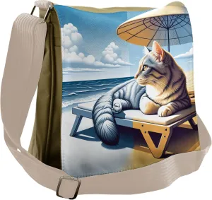 Ambesonne Cat Messenger Bag, Sunbathing Kitten Seaside Shore, Unisex Cross-body