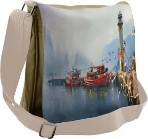 Ambesonne Colorful Messenger Bag, Harbor Boats and Birds, Unisex Cross-body