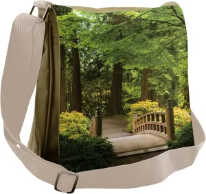 Ambesonne Forest Messenger Bag, Wooden Bridge over Pond, Unisex Cross-body