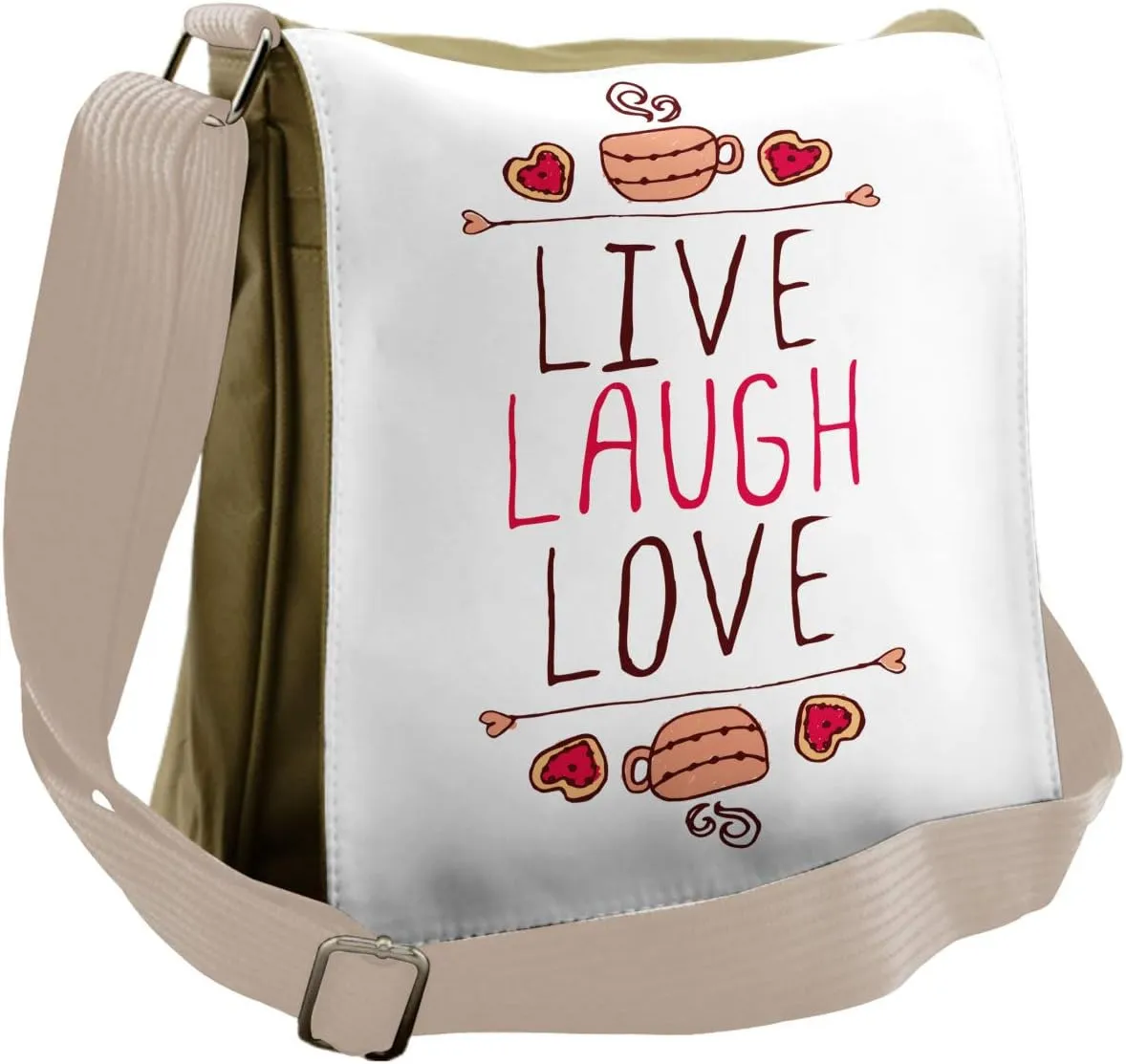 Ambesonne Live Laugh Love Messenger Bag, Teacup Cookies, Unisex Cross-body