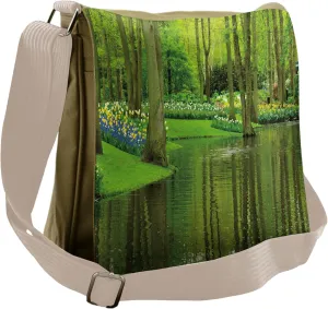 Ambesonne Nature Messenger Bag, Forest with Lake Botany, Unisex Cross-body