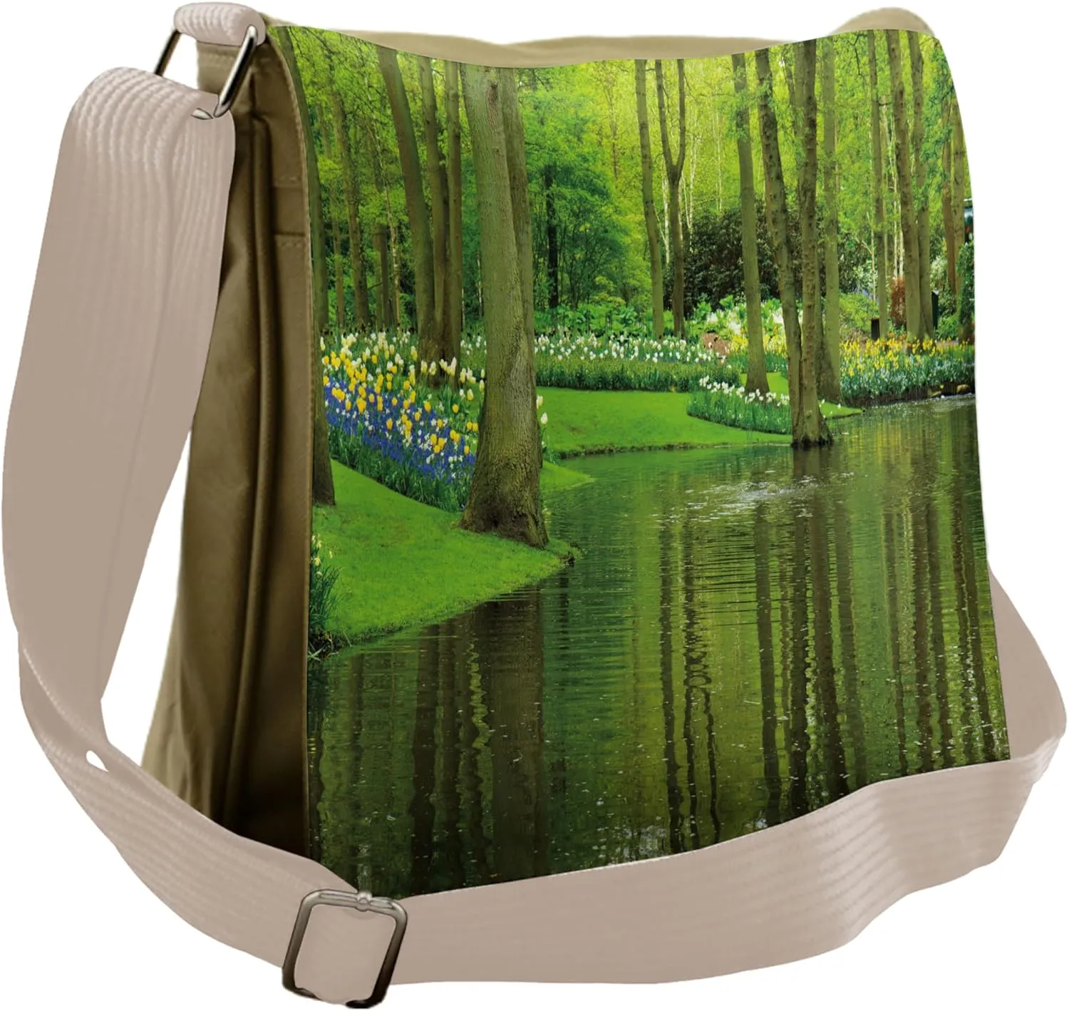 Ambesonne Nature Messenger Bag, Forest with Lake Botany, Unisex Cross-body