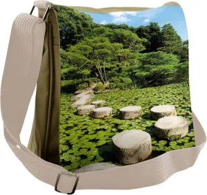 Ambesonne Peace Messenger Bag, Japanese Stone Path Lotus, Unisex Cross-body