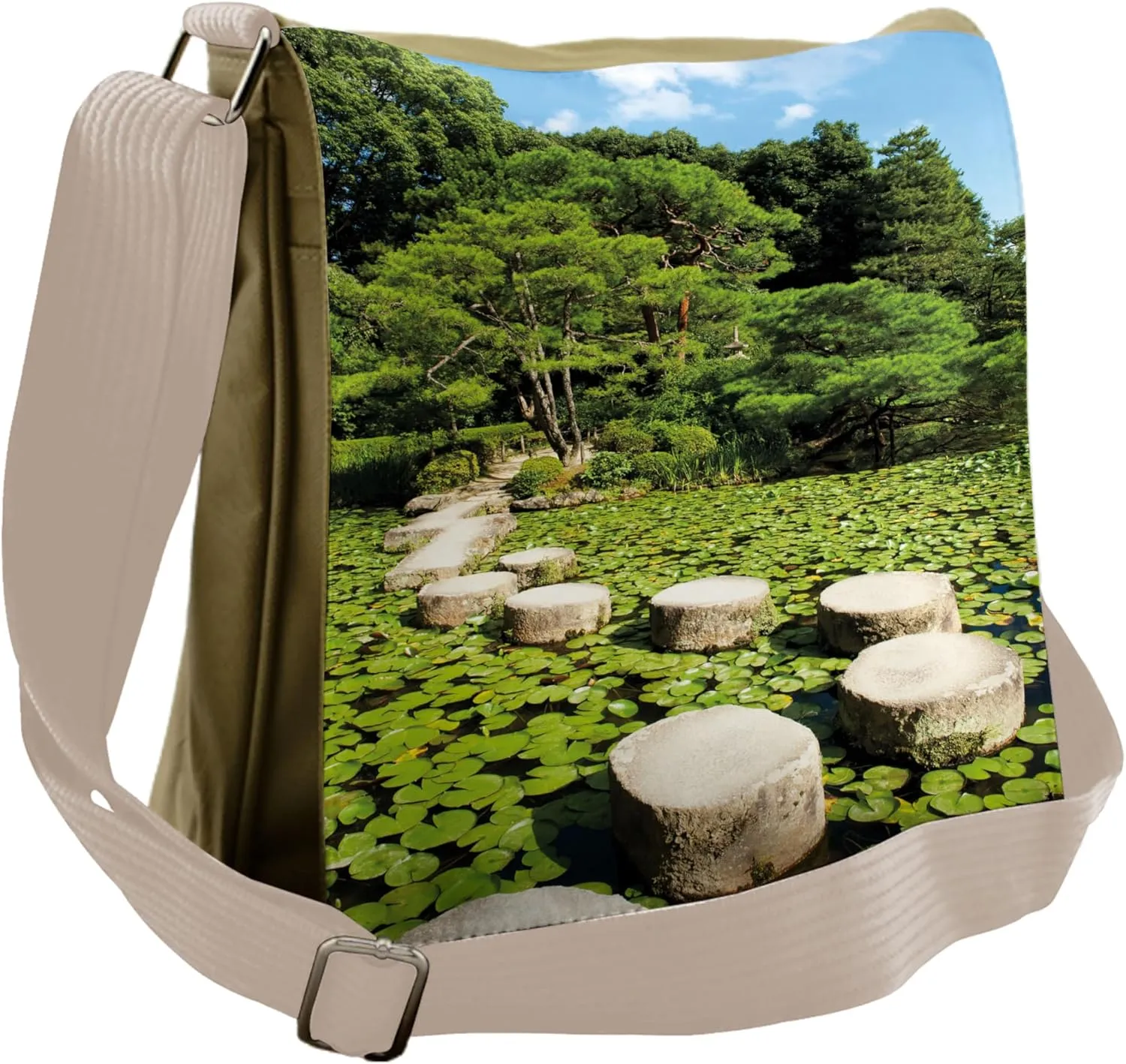 Ambesonne Peace Messenger Bag, Japanese Stone Path Lotus, Unisex Cross-body