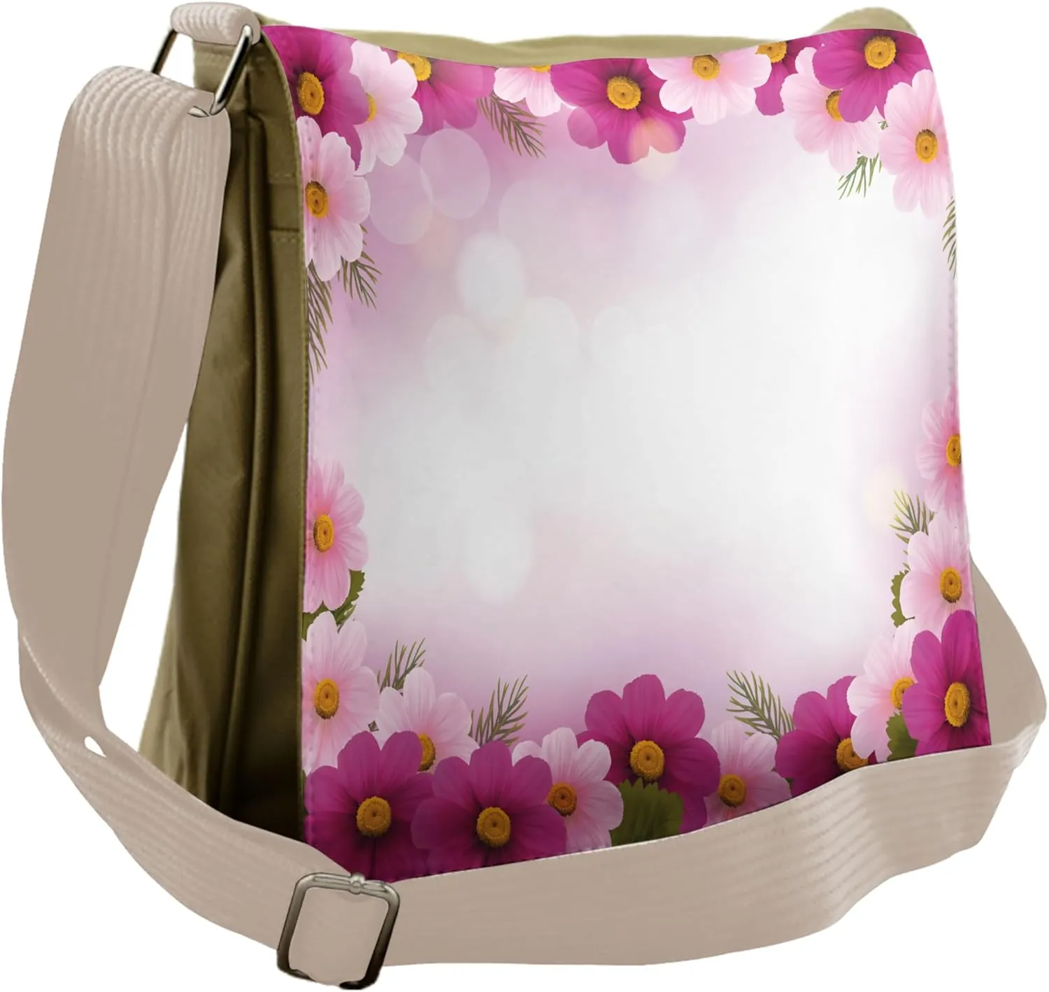 Ambesonne Pink Messenger Bag, Romantic Daisies Framework, Unisex Cross-body