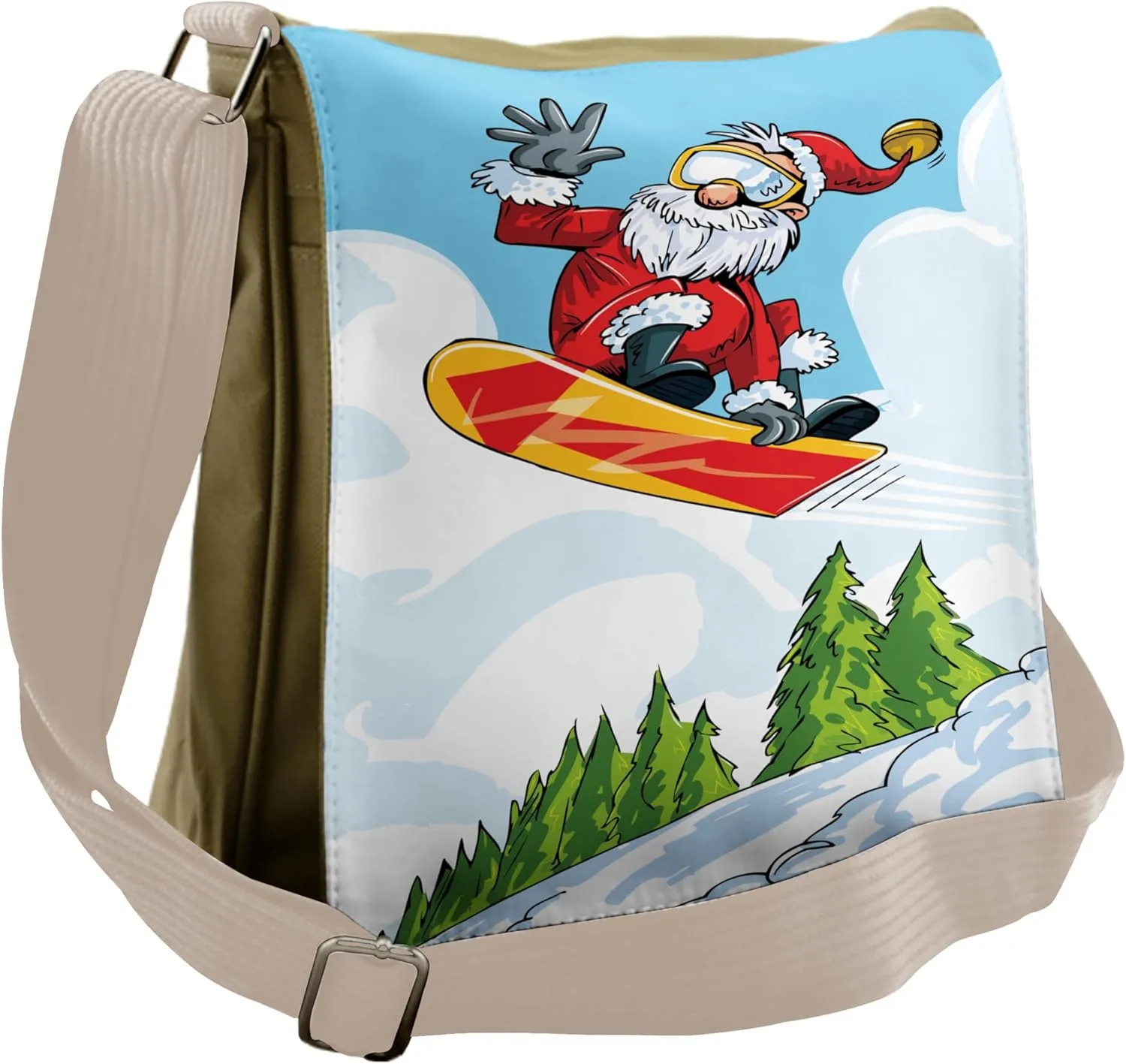 Ambesonne Santa Messenger Bag, Jump on Snowboard Pines, Unisex Cross-body