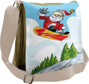 Ambesonne Santa Messenger Bag, Jump on Snowboard Pines, Unisex Cross-body