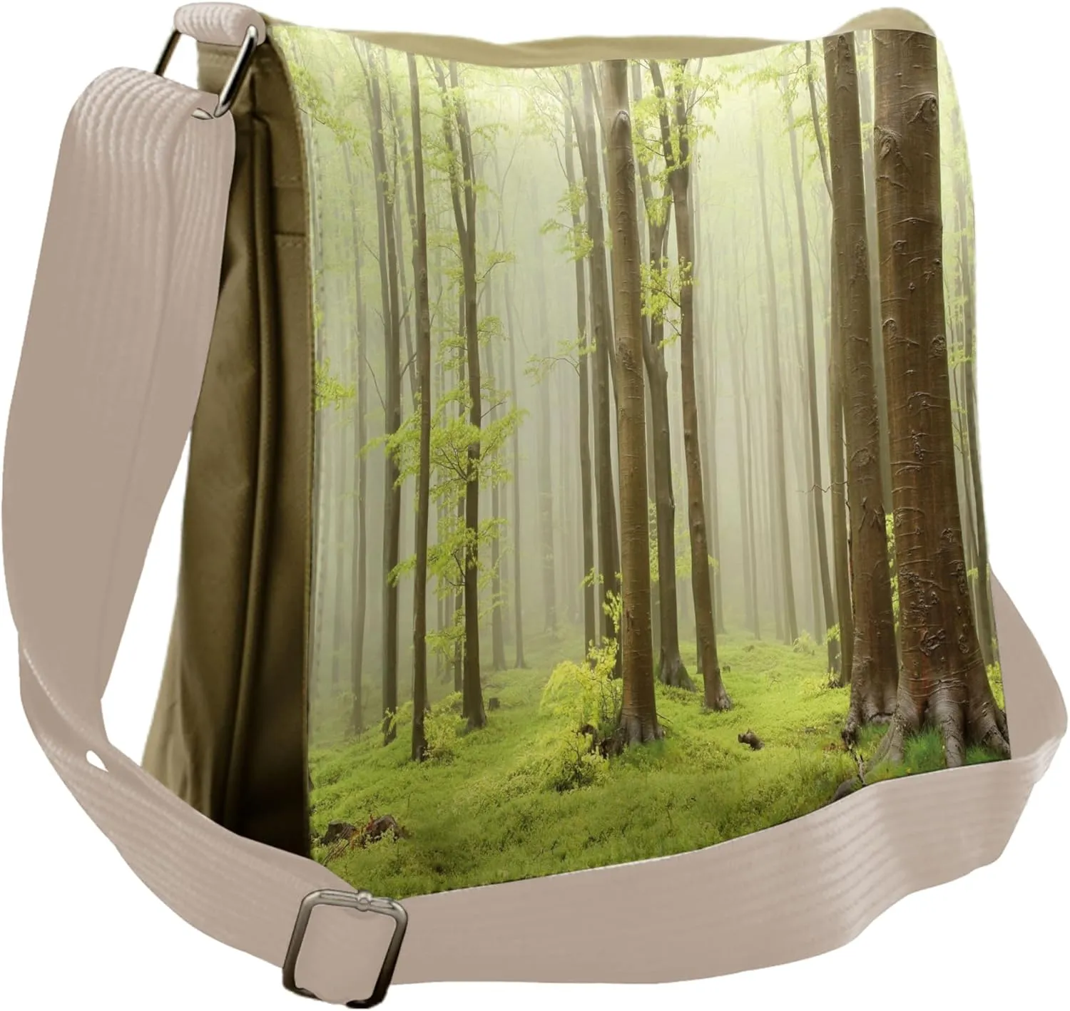 Ambesonne Spring Messenger Bag, Misty Beech Forest Photo, Unisex Cross-body