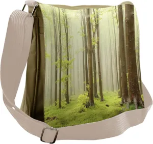Ambesonne Spring Messenger Bag, Misty Beech Forest Photo, Unisex Cross-body