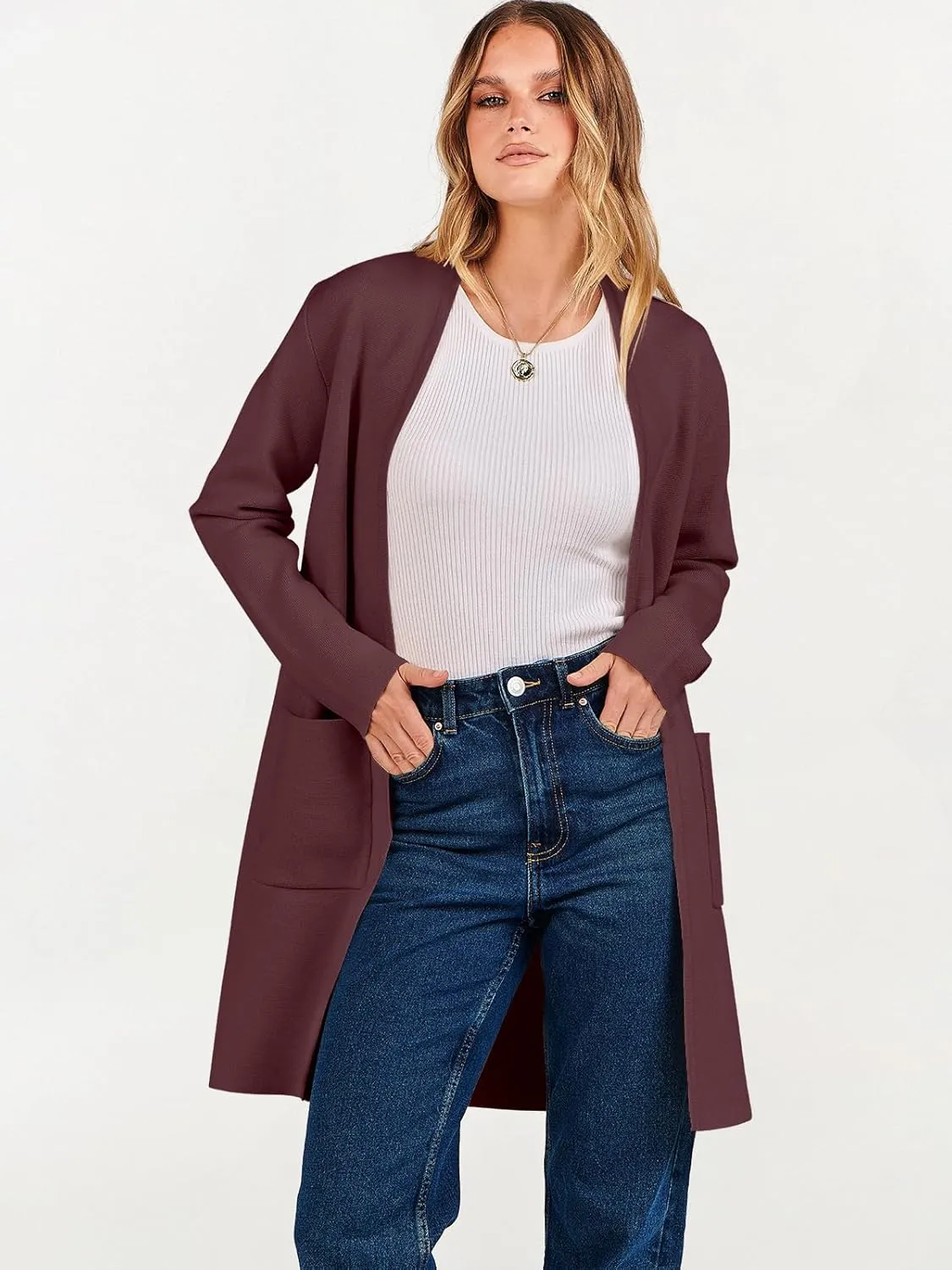 ANRABESS Cardigan Sweater for Women Casual 2025 Fall Fashion Coat Long Sleeve Open Front Knit Coatigan Outwear