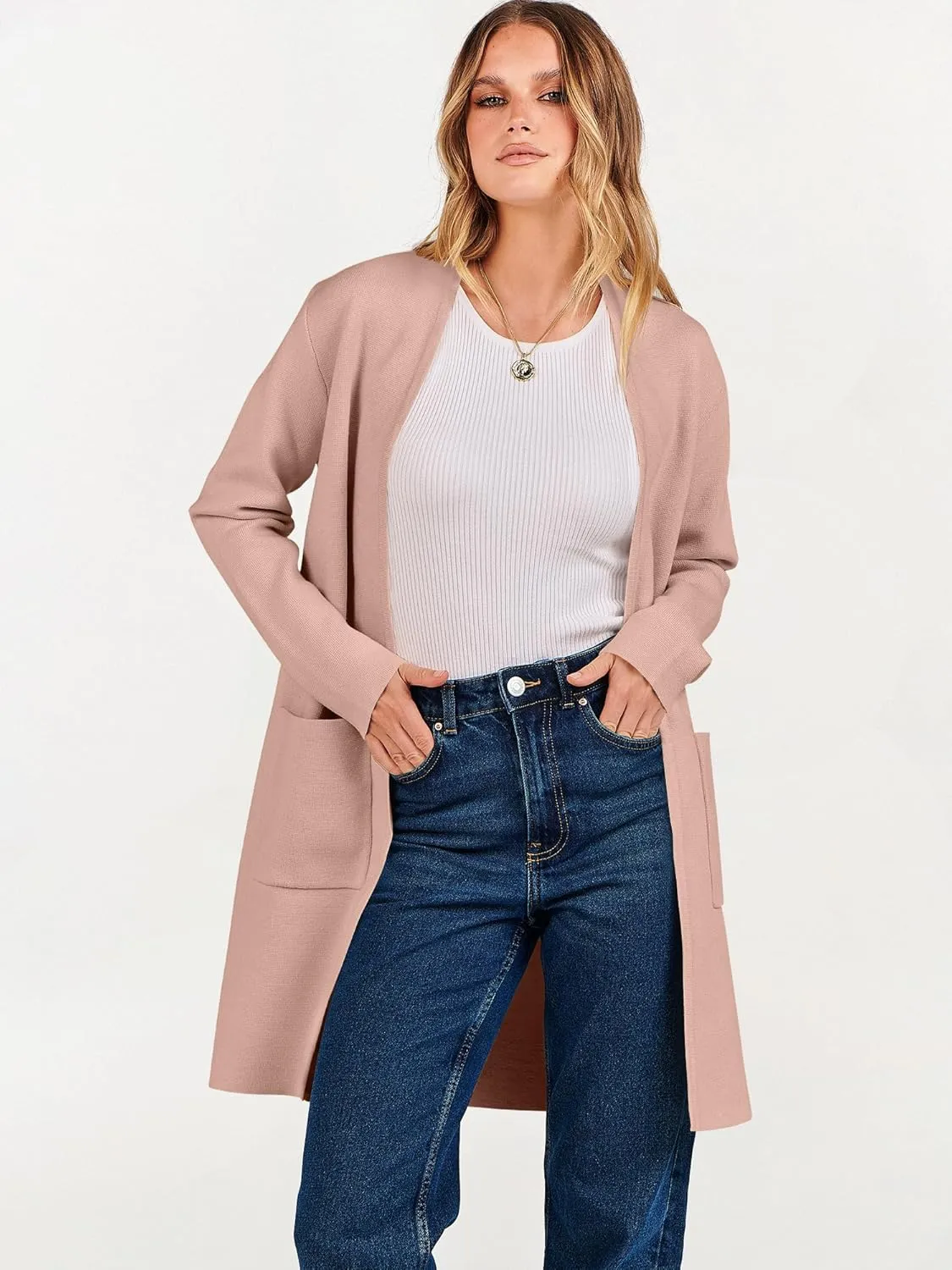 ANRABESS Cardigan Sweater for Women Casual 2025 Fall Fashion Coat Long Sleeve Open Front Knit Coatigan Outwear