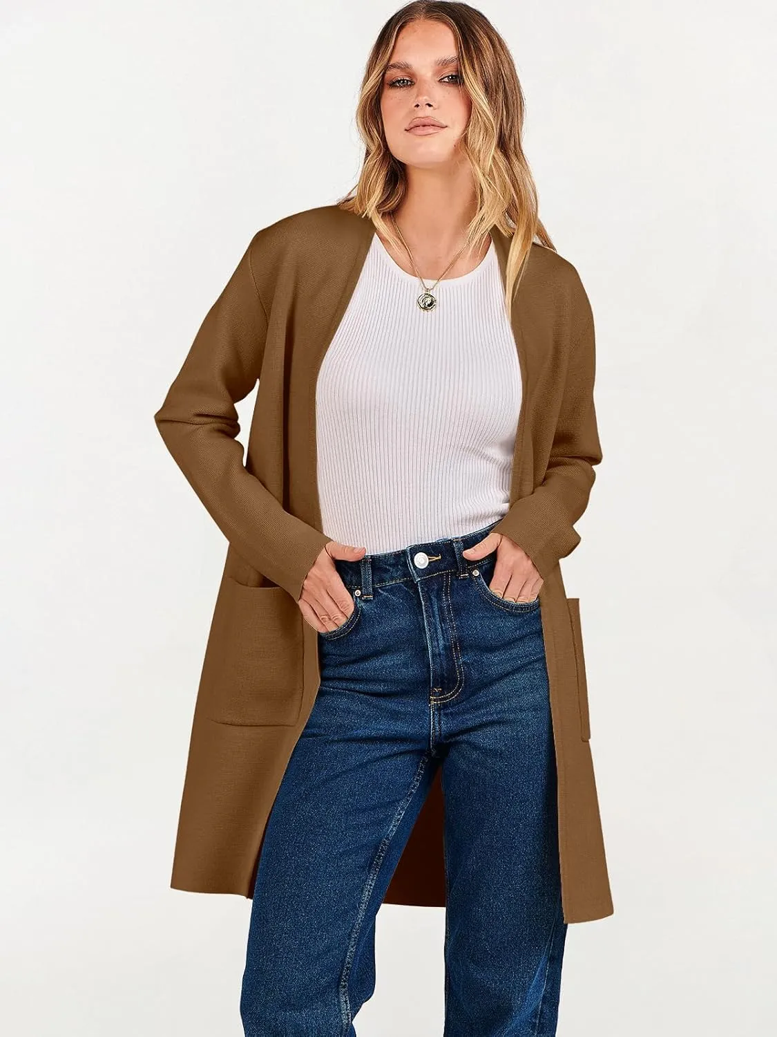 ANRABESS Cardigan Sweater for Women Casual 2025 Fall Fashion Coat Long Sleeve Open Front Knit Coatigan Outwear