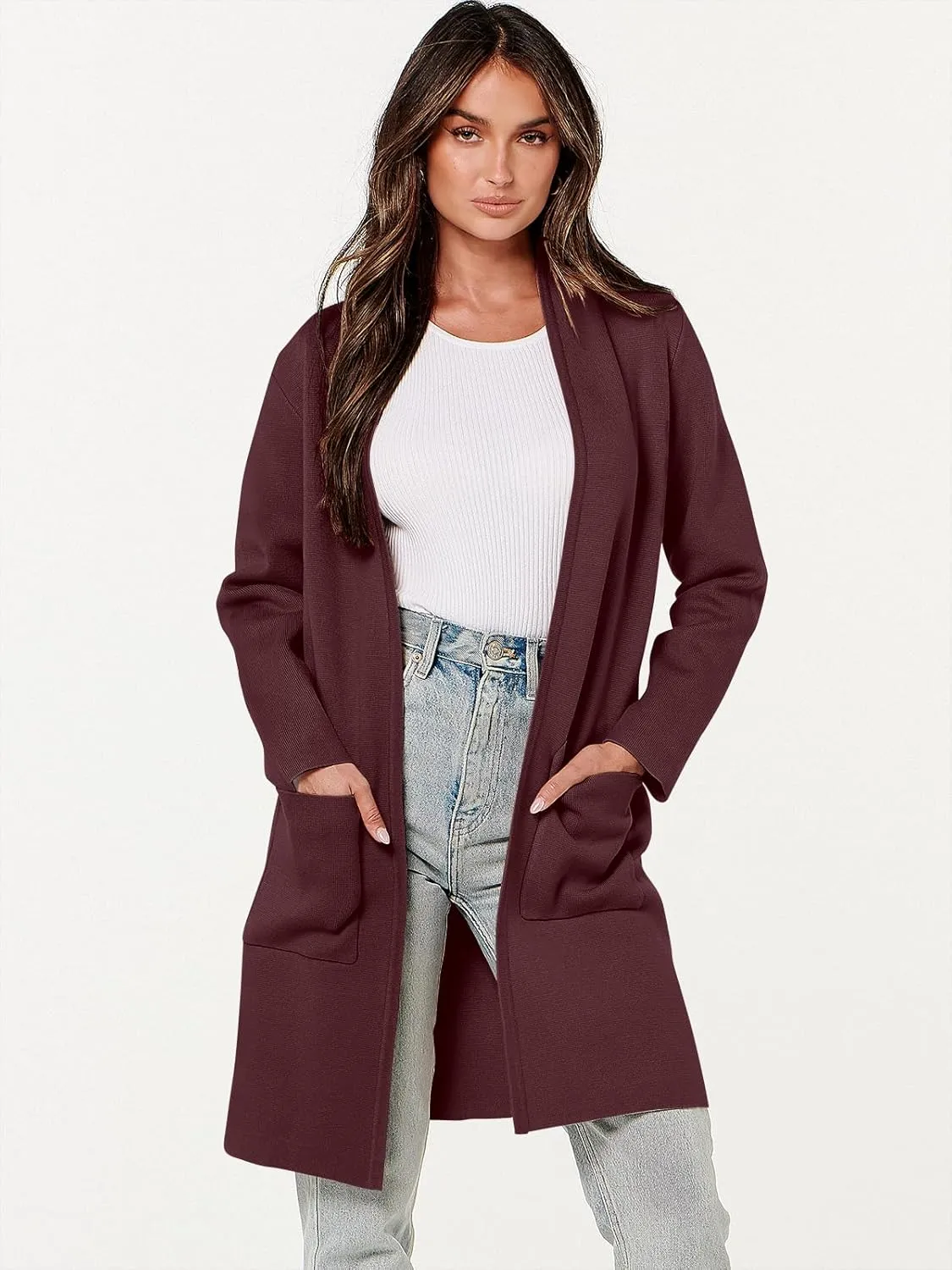 ANRABESS Cardigan Sweater for Women Casual 2025 Fall Fashion Coat Long Sleeve Open Front Knit Coatigan Outwear
