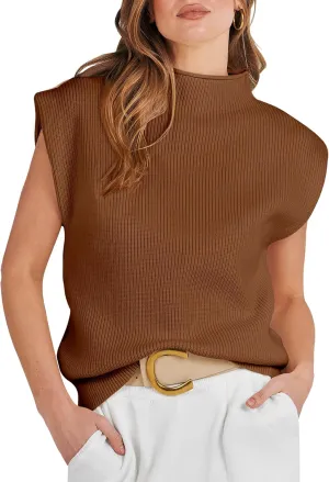 ANRABESS Women's Mock Neck Sleeveless Sweater Vest Casual Cap Sleeve Knit Pullover Tank Tops 2025 Spring Summer Clothes