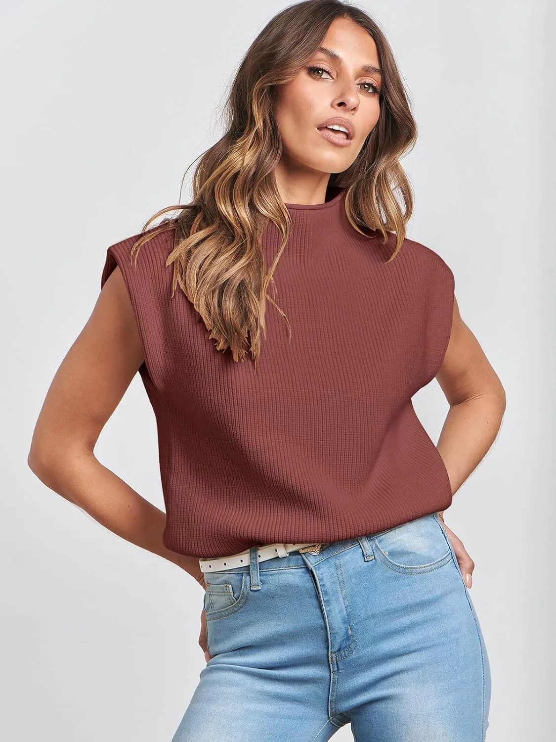 ANRABESS Women's Mock Neck Sleeveless Sweater Vest Casual Cap Sleeve Knit Pullover Tank Tops 2025 Spring Summer Clothes