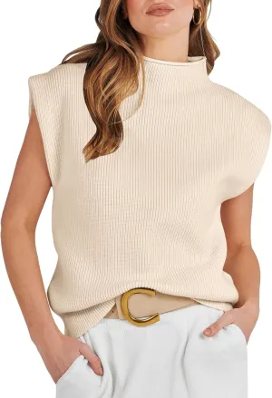 ANRABESS Women's Mock Neck Sleeveless Sweater Vest Casual Cap Sleeve Knit Pullover Tank Tops 2025 Spring Summer Clothes