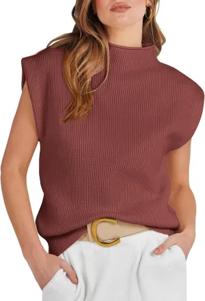 ANRABESS Women's Mock Neck Sleeveless Sweater Vest Casual Cap Sleeve Knit Pullover Tank Tops 2025 Spring Summer Clothes