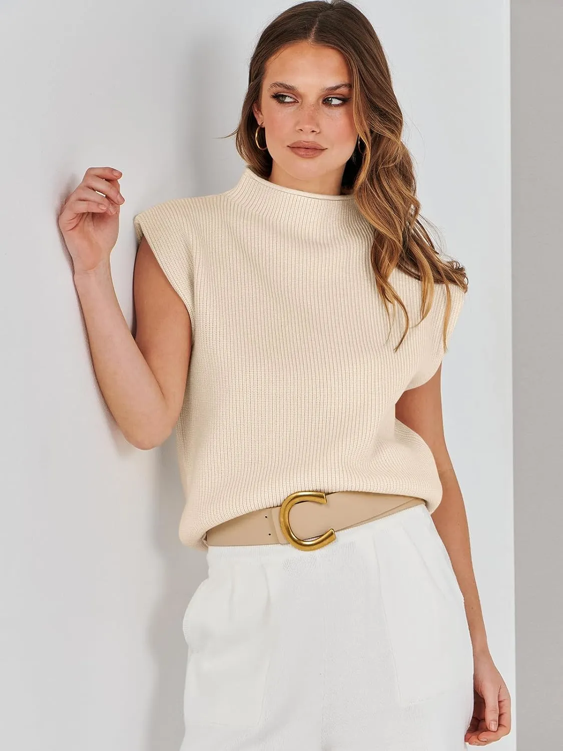 ANRABESS Women's Mock Neck Sleeveless Sweater Vest Casual Cap Sleeve Knit Pullover Tank Tops 2025 Spring Summer Clothes