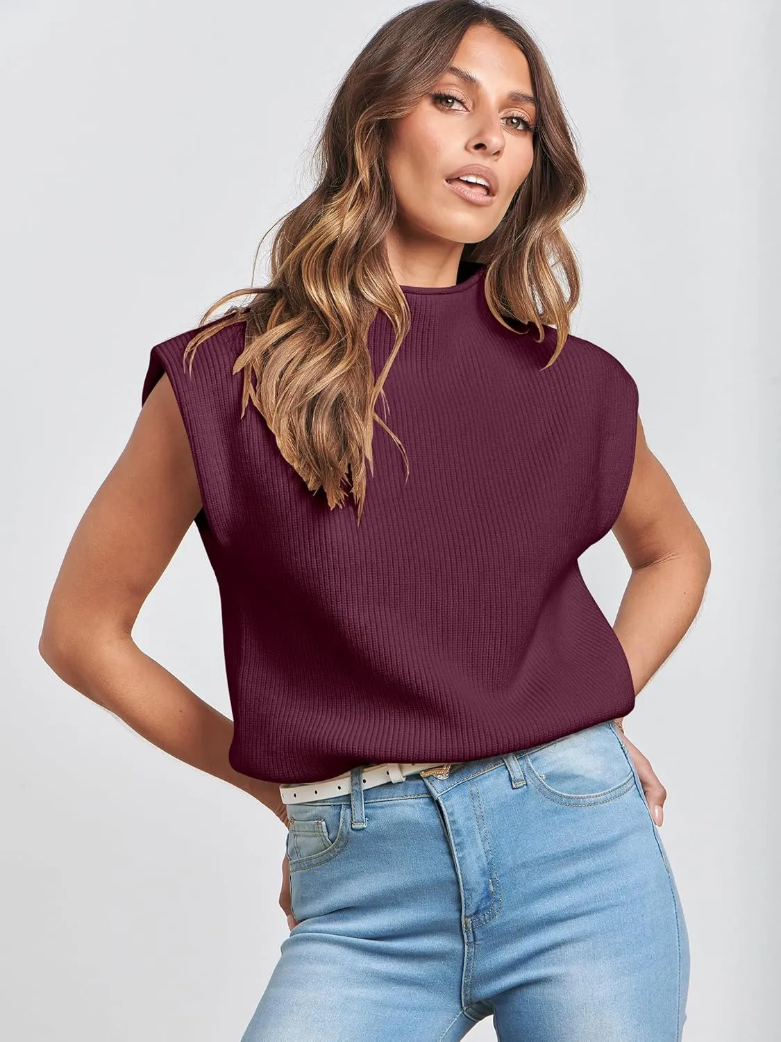 ANRABESS Women's Mock Neck Sleeveless Sweater Vest Casual Cap Sleeve Knit Pullover Tank Tops 2025 Spring Summer Clothes